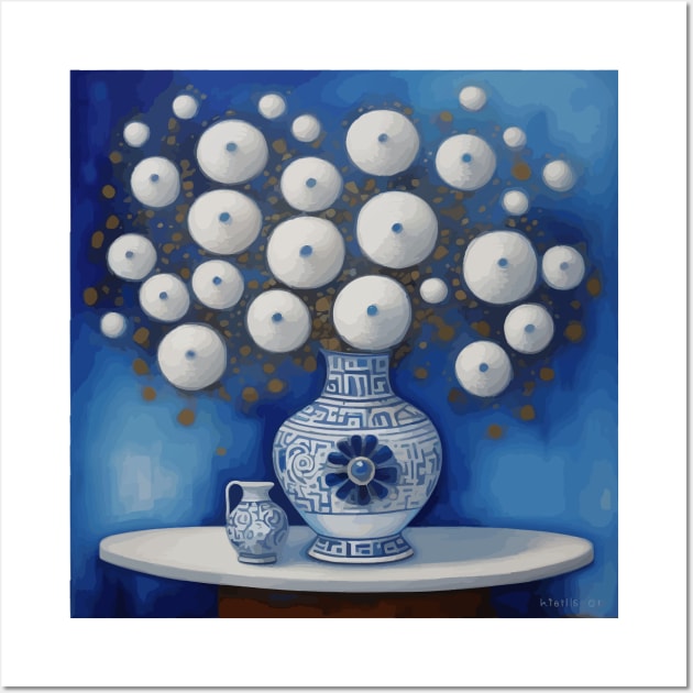 Abstract White Flowers in a Blue and White Vase Wall Art by bragova